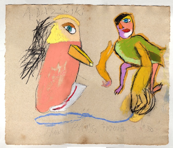 Na tym obrazku Picasso rzuca lasso&nbsp;&nbsp;&nbsp;&nbsp;1997&nbsp;&nbsp;&nbsp;&nbsp;kredka olejowa i pastel&nbsp;&nbsp;&nbsp;&nbsp;54 x 72cm